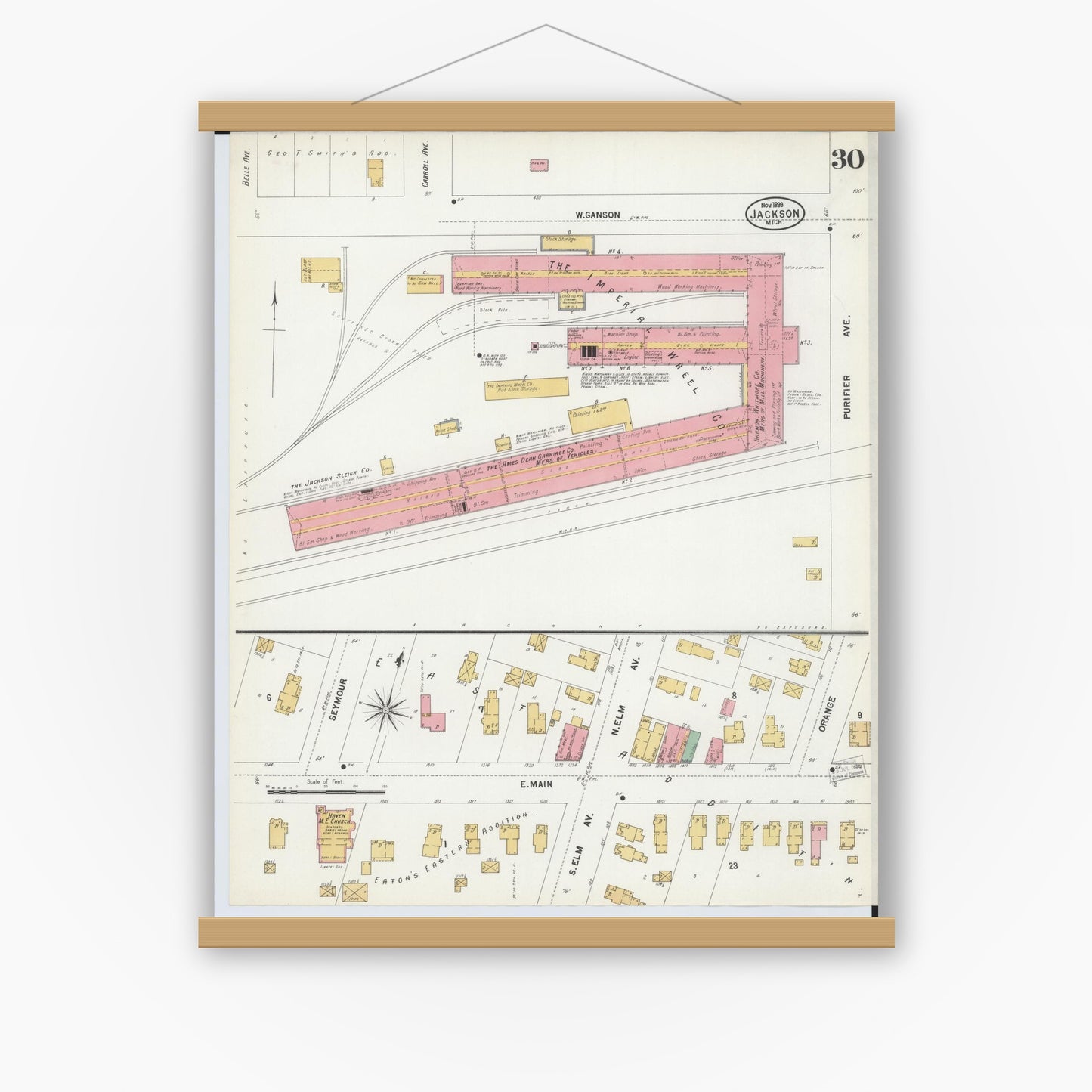 Old map wall art mockup — magnetic wood frame on white wall — Sanborn Fire Insurance Map from Jackson, Jackson County, Michigan (1899), Sheet #0030