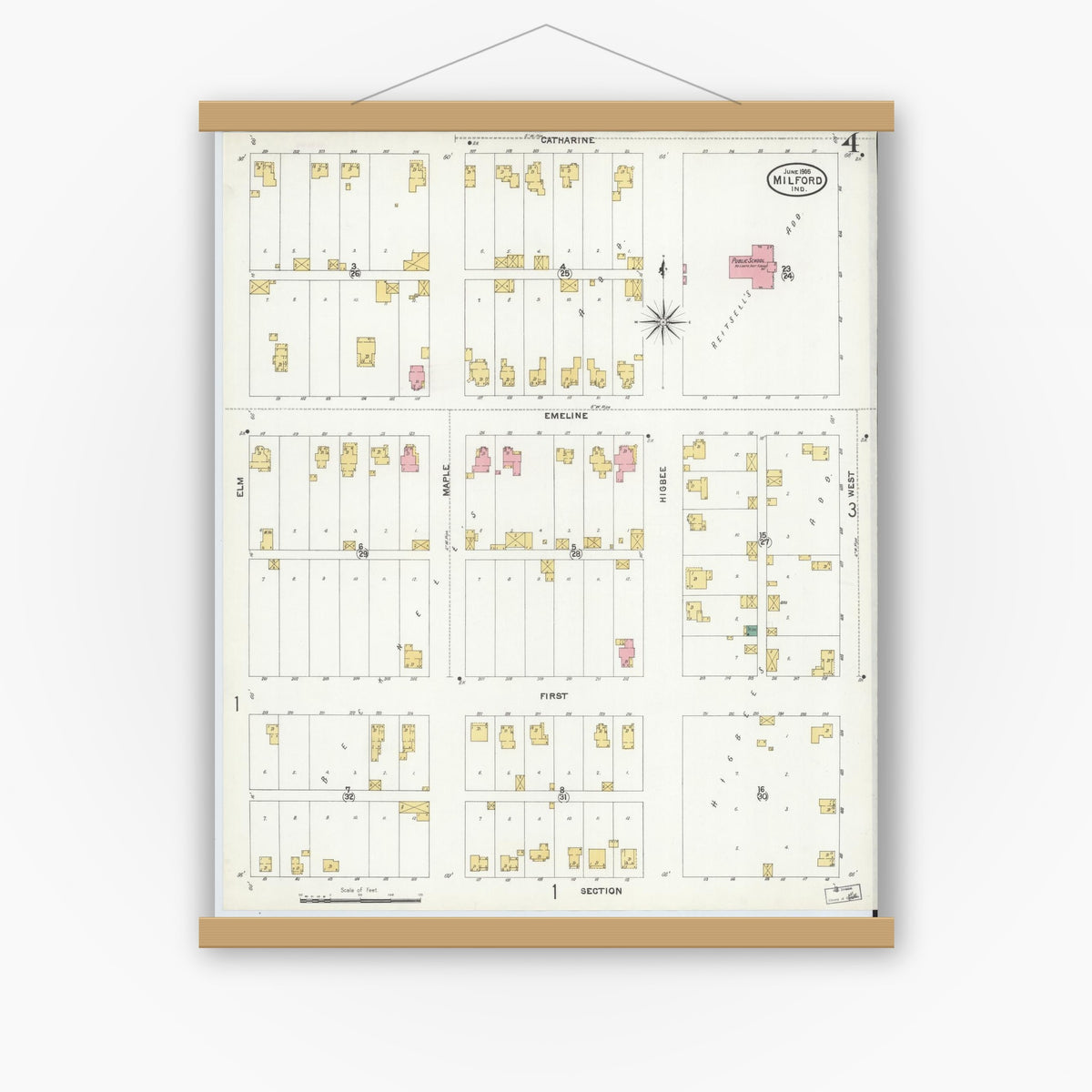 Old map wall art mockup — magnetic wood frame on white wall — Sanborn Fire Insurance Map from Milford, Kosciusko County, Indiana (1905), Sheet #0004