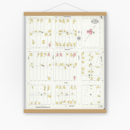 Old map wall art mockup — magnetic wood frame on white wall — Sanborn Fire Insurance Map from Milford, Kosciusko County, Indiana (1905), Sheet #0004