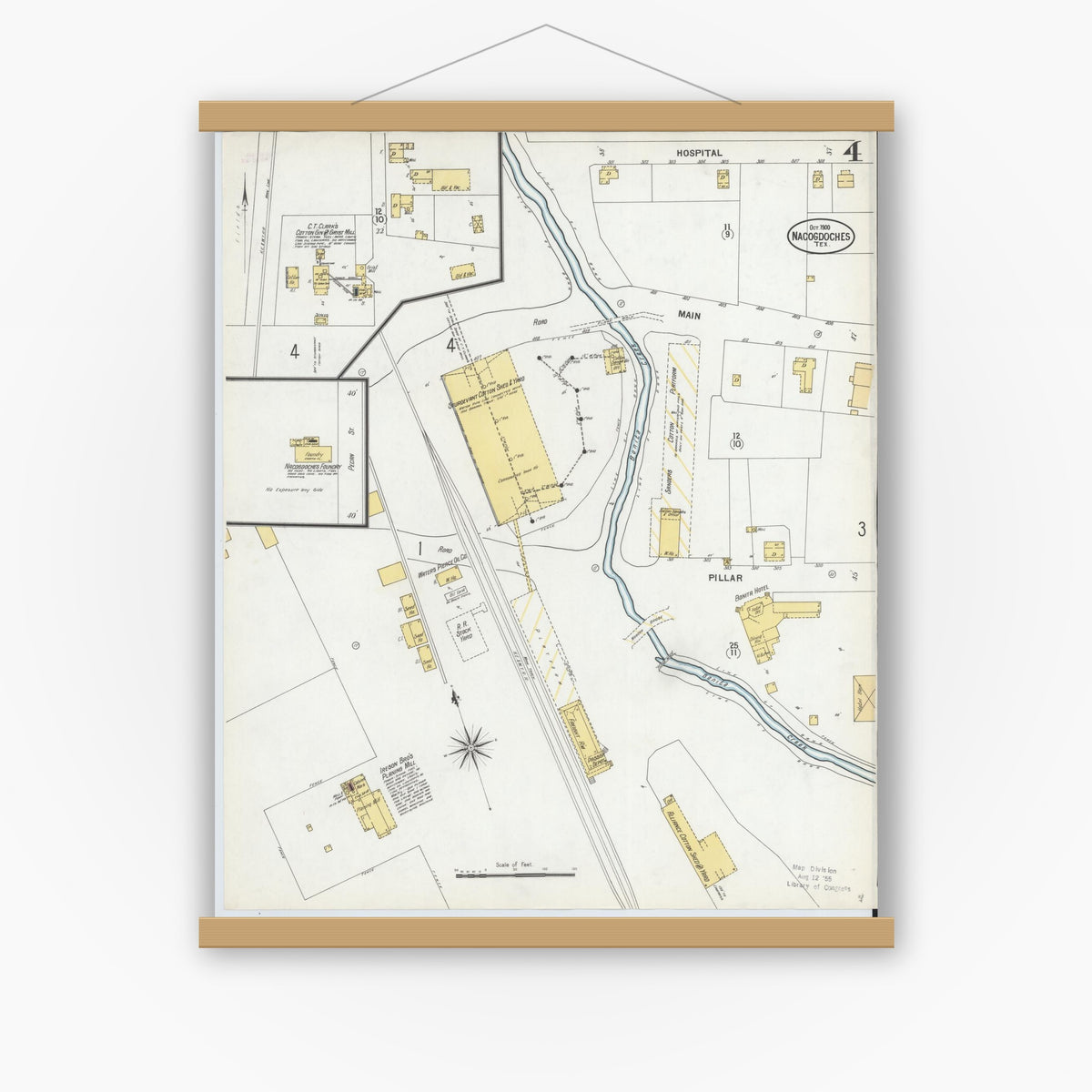 Old map wall art mockup — magnetic wood frame on white wall — Sanborn Fire Insurance Map from Nacogdoches, Nacogdoches County, Texas (1900), Sheet #0004