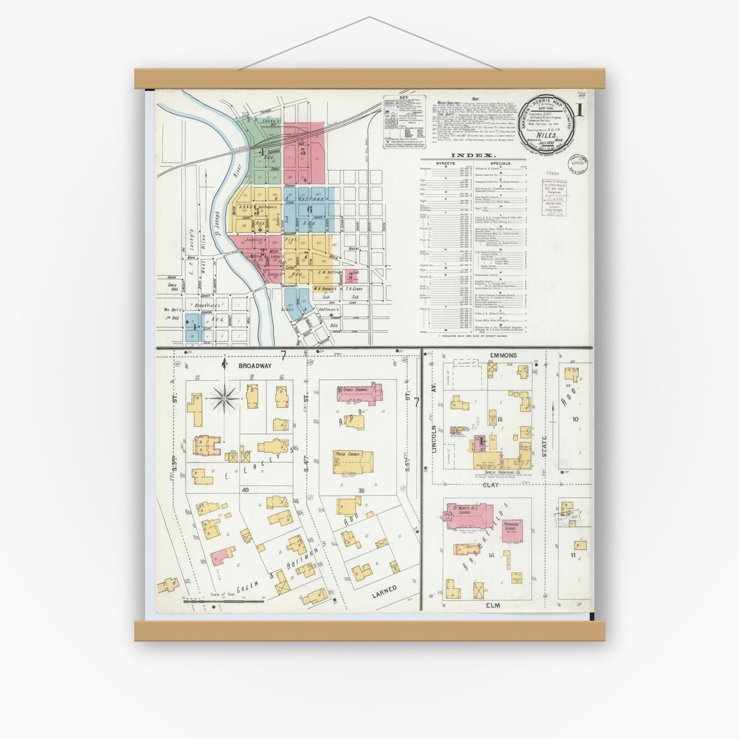 Old map wall art mockup — magnetic wood frame on white wall — Sanborn Fire Insurance Map from Niles, Berrien County, Michigan (1900) - Complete Map Set