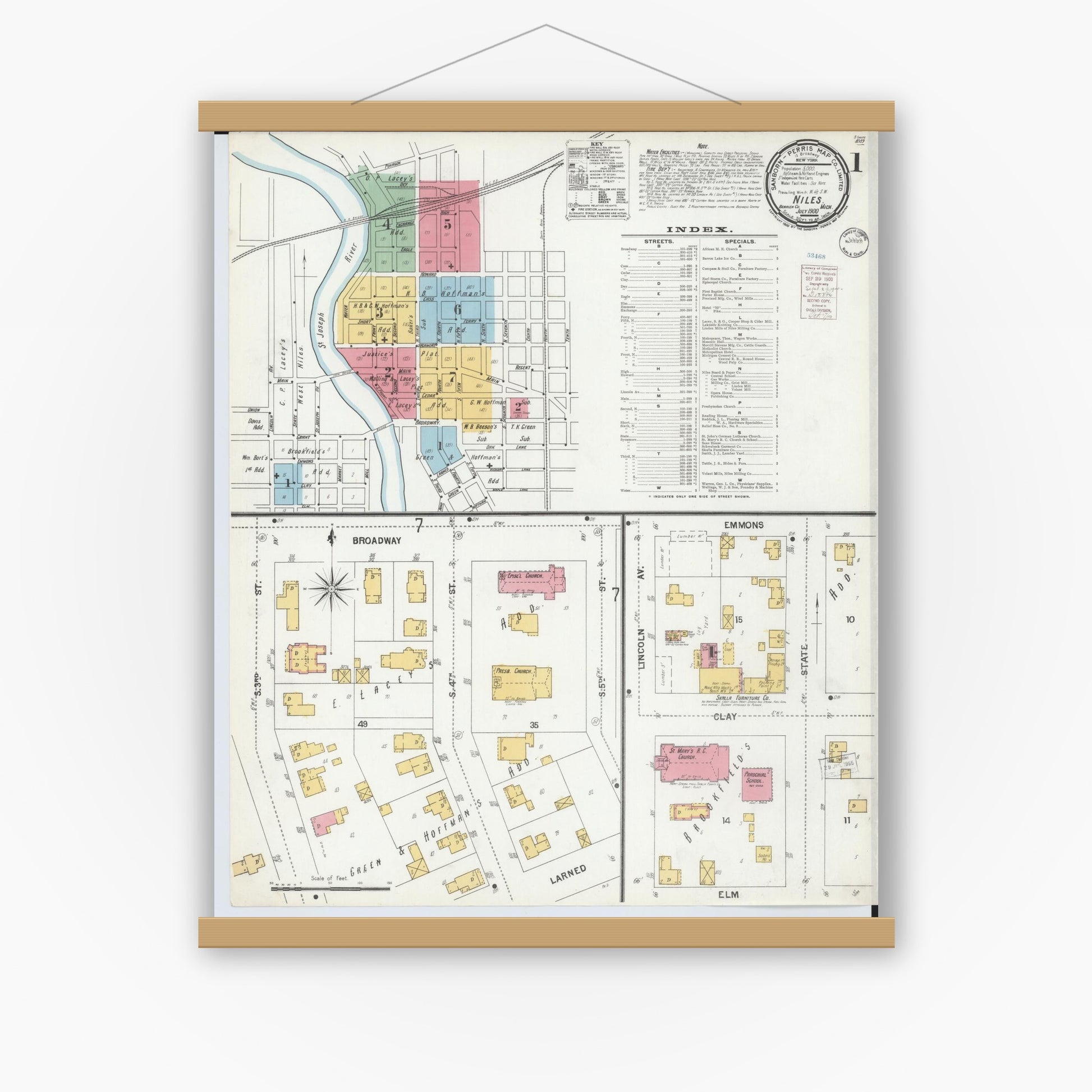Old map wall art mockup — magnetic wood frame on white wall — Sanborn Fire Insurance Map from Niles, Berrien County, Michigan (1900) - Complete Map Set