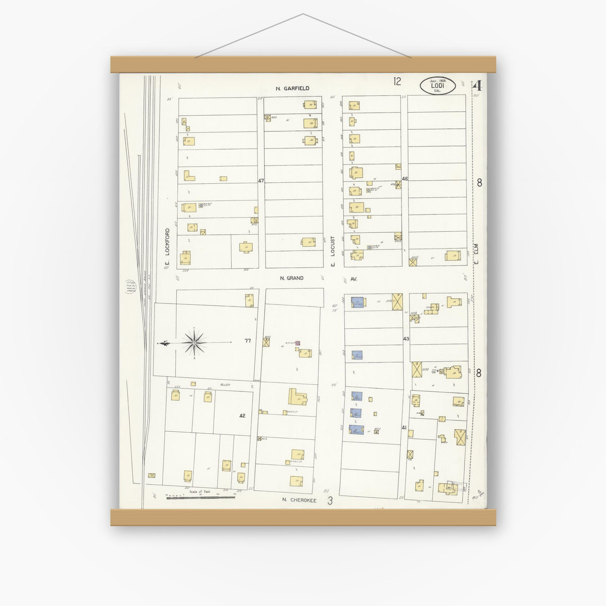 Old map wall art mockup — magnetic wood frame on white wall — Sanborn Fire Insurance Map from Lodi, San Joaquin County, California (1908), Sheet #0004
