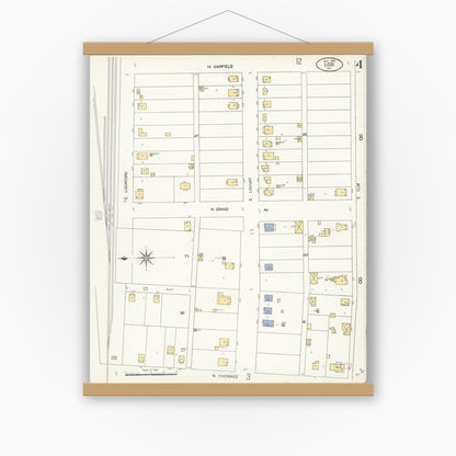 Old map wall art mockup — magnetic wood frame on white wall — Sanborn Fire Insurance Map from Lodi, San Joaquin County, California (1908), Sheet #0004