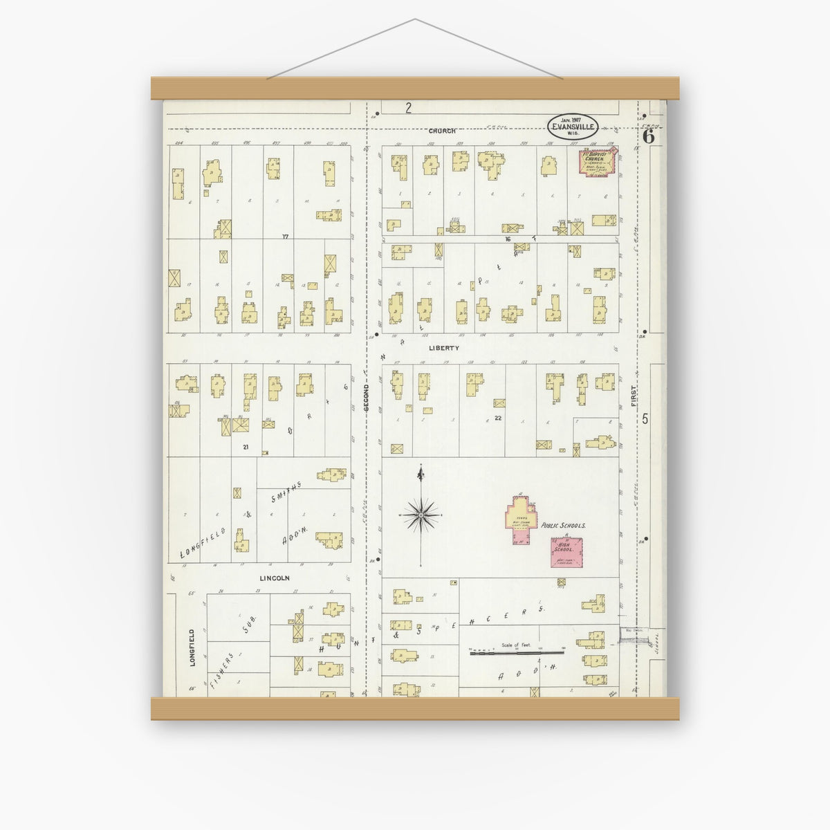 Old map wall art mockup — magnetic wood frame on white wall — Sanborn Fire Insurance Map from Evansville, Rock County, Wisconsin (1907), Sheet #0006