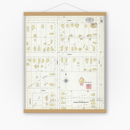 Old map wall art mockup — magnetic wood frame on white wall — Sanborn Fire Insurance Map from Evansville, Rock County, Wisconsin (1907), Sheet #0006