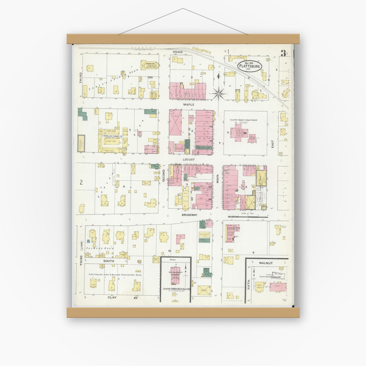 Old map wall art mockup — magnetic wood frame on white wall — Sanborn Fire Insurance Map from Plattsburg, Clinton County, Missouri (1909), Sheet #0003
