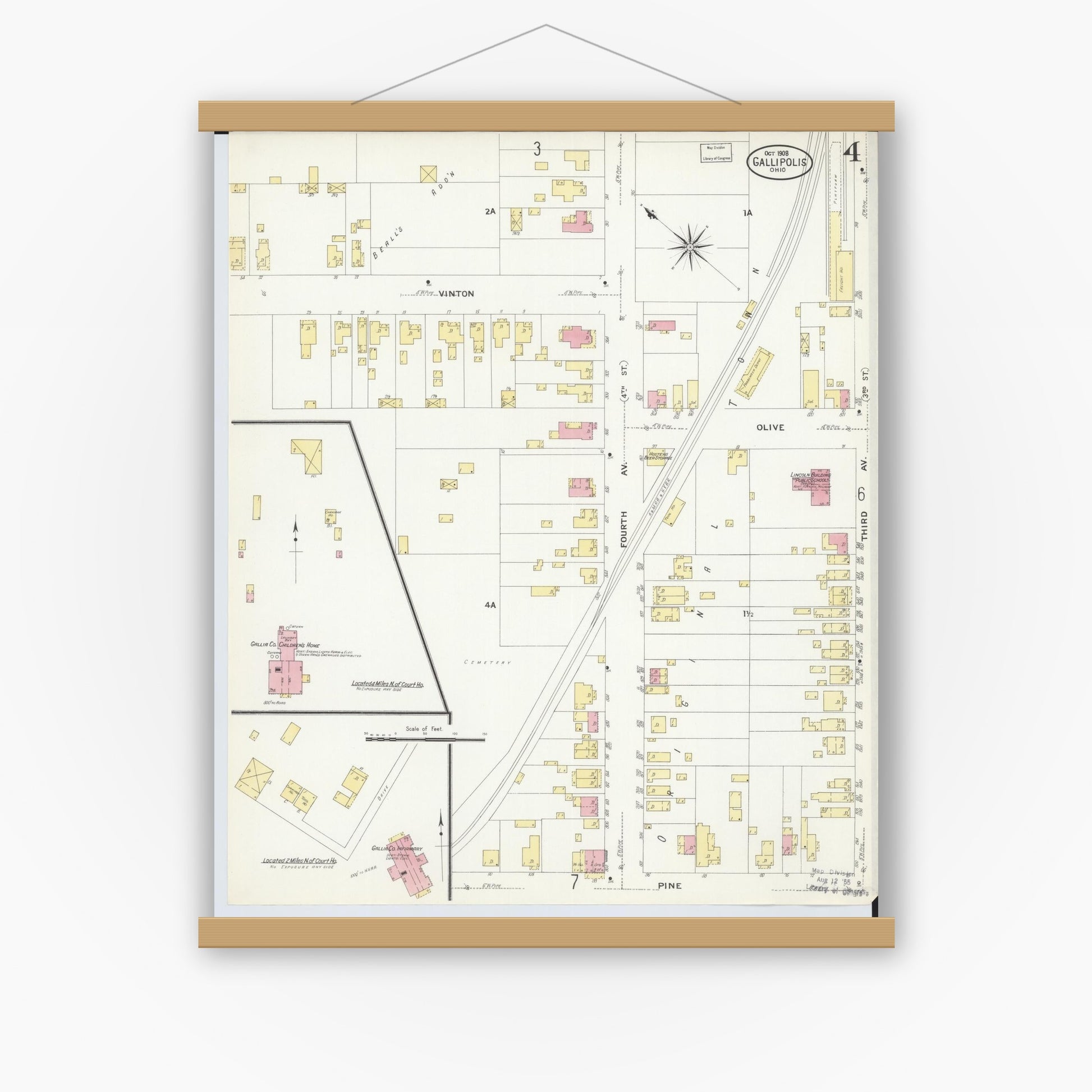 Old map wall art mockup — magnetic wood frame on white wall — Sanborn Fire Insurance Map from Gallipolis, Gallia County, Ohio (1908), Sheet #0004