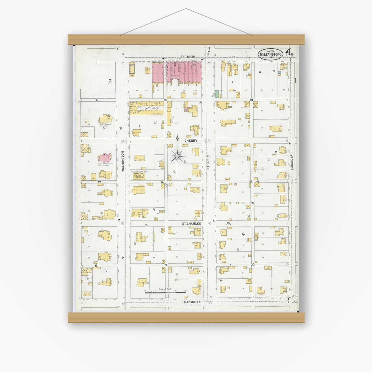 Old map wall art mockup — magnetic wood frame on white wall — Sanborn Fire Insurance Map from Mcleansboro, Hamilton County, Illinois (1900), Sheet #0004
