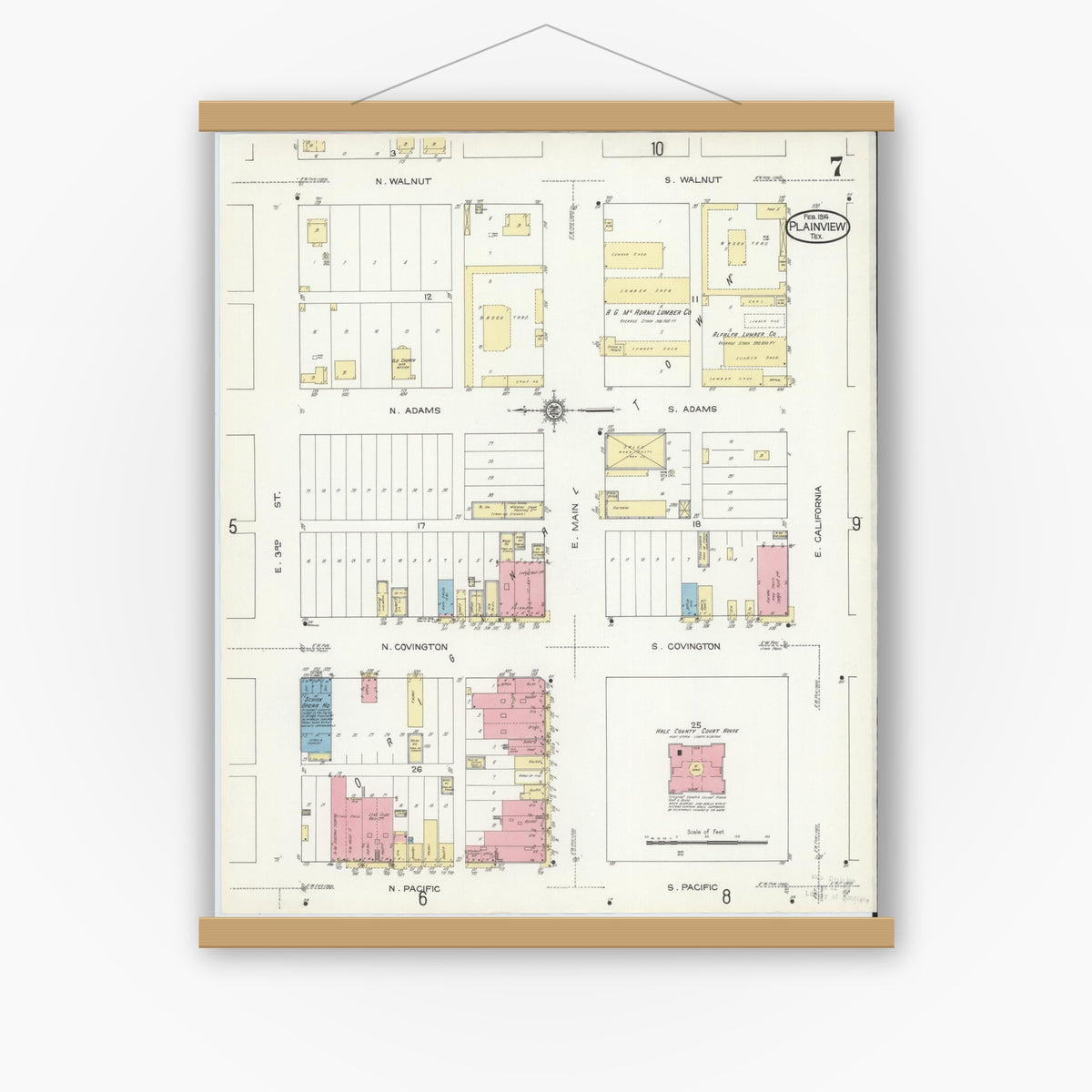 Old map wall art mockup — magnetic wood frame on white wall — Sanborn Fire Insurance Map from Plainview, Hale County, Texas (1914), Sheet #0007