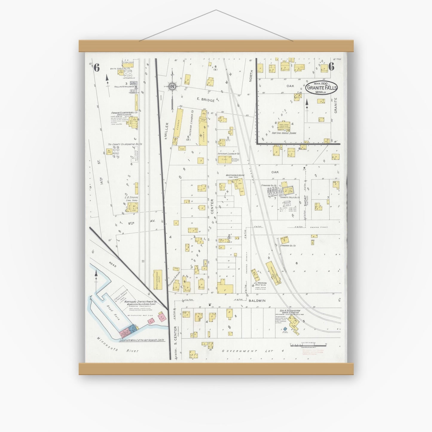 Old map wall art mockup — magnetic wood frame on white wall — Sanborn Fire Insurance Map from Granite Falls, Yellow Medicine And Chippewa Counties, Minnesota (1930), Sheet #0006