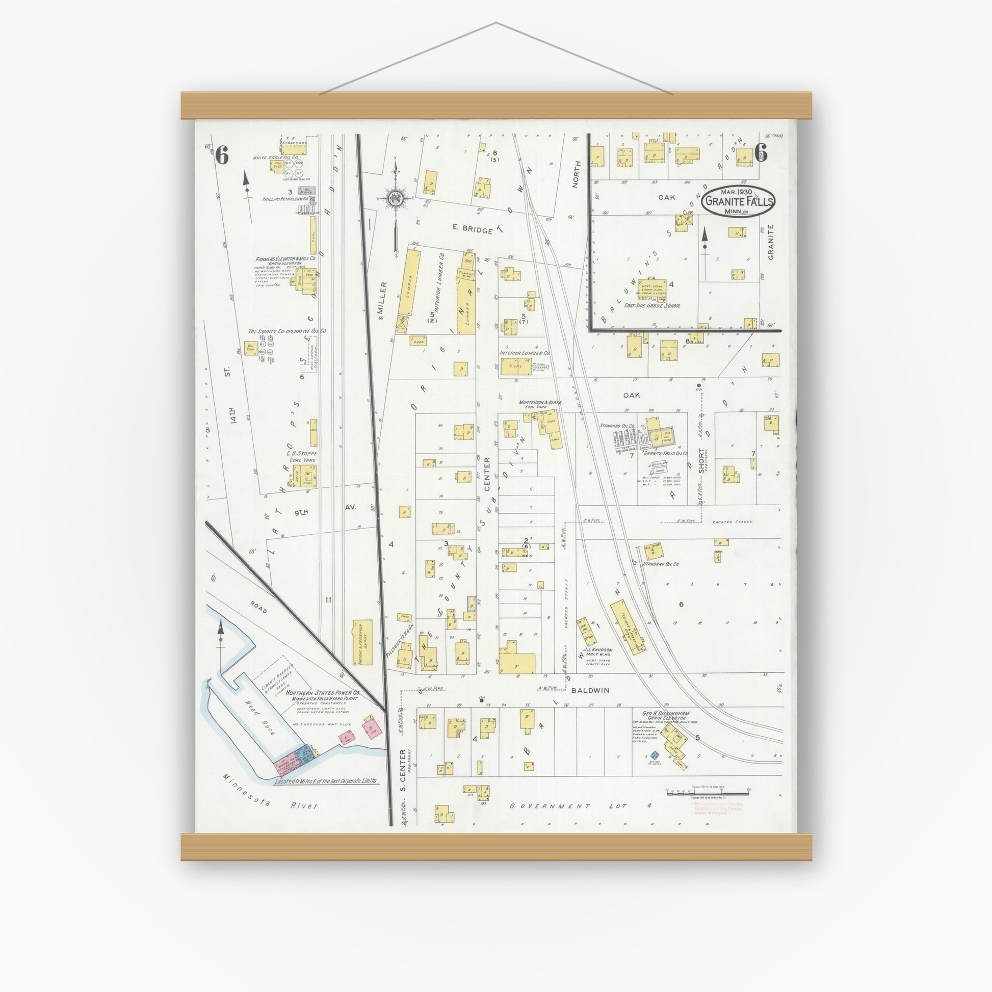 Old map wall art mockup — magnetic wood frame on white wall — Sanborn Fire Insurance Map from Granite Falls, Yellow Medicine And Chippewa Counties, Minnesota (1930), Sheet #0006