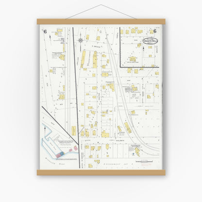 Old map wall art mockup — magnetic wood frame on white wall — Sanborn Fire Insurance Map from Granite Falls, Yellow Medicine And Chippewa Counties, Minnesota (1930), Sheet #0006