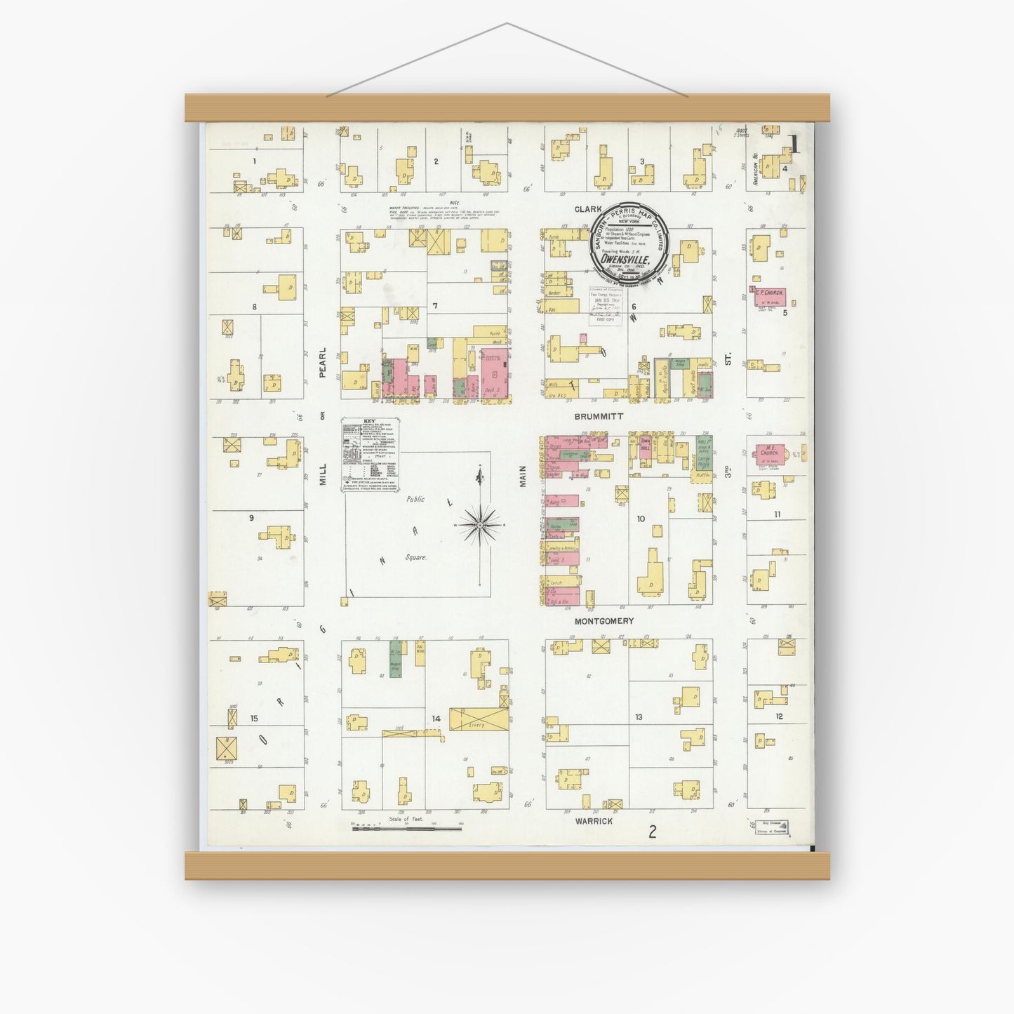 Old map wall art mockup — magnetic wood frame on white wall — Sanborn Fire Insurance Map from Owensville, Gibson County, Indiana (1900), Sheet #0001