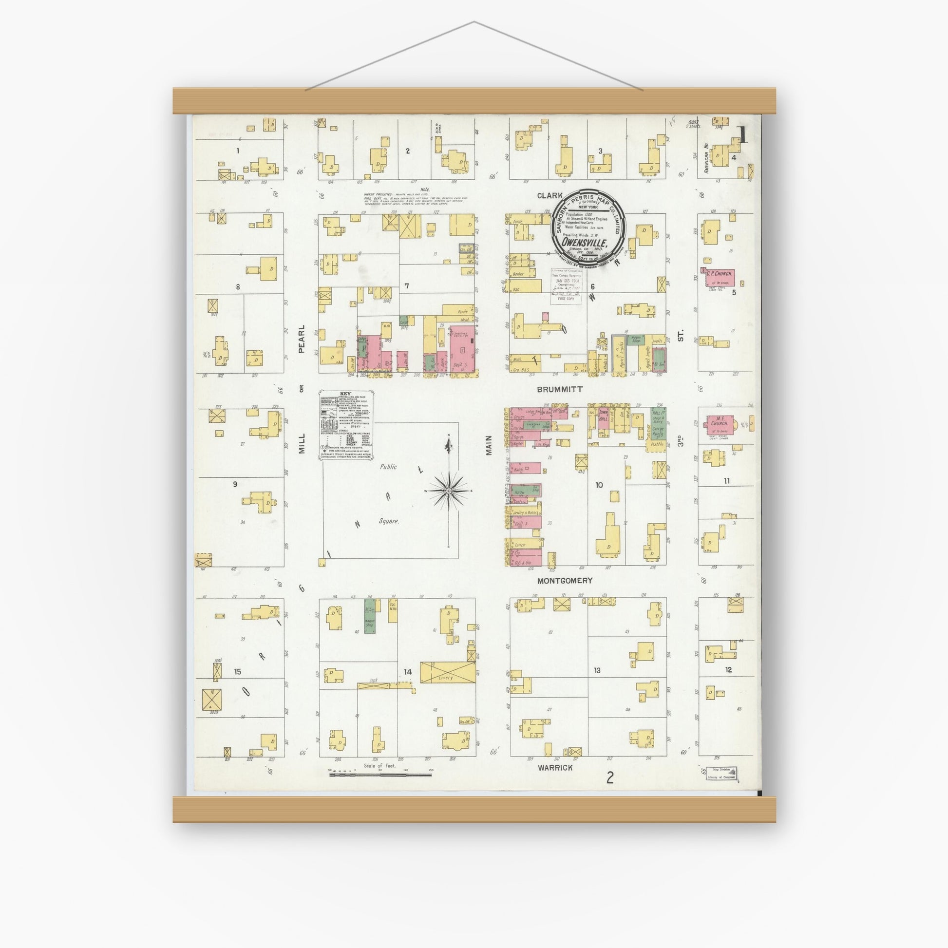 Old map wall art mockup — magnetic wood frame on white wall — Sanborn Fire Insurance Map from Owensville, Gibson County, Indiana (1900), Sheet #0001