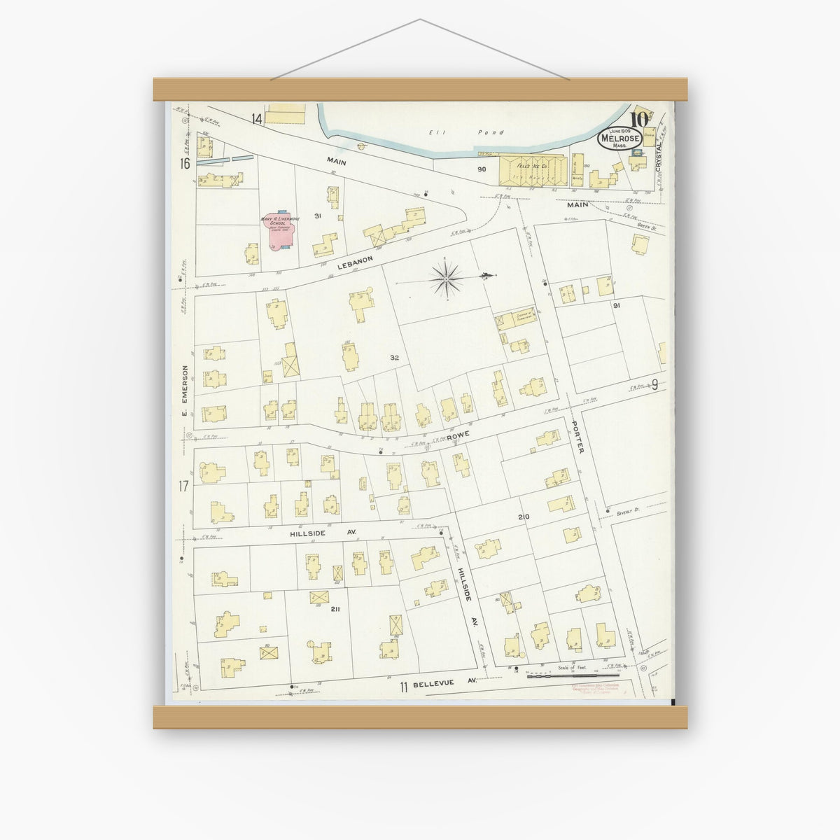 Old map wall art mockup — magnetic wood frame on white wall — Sanborn Fire Insurance Map from Melrose, Middlesex County, Massachusetts (1909), Sheet #0010