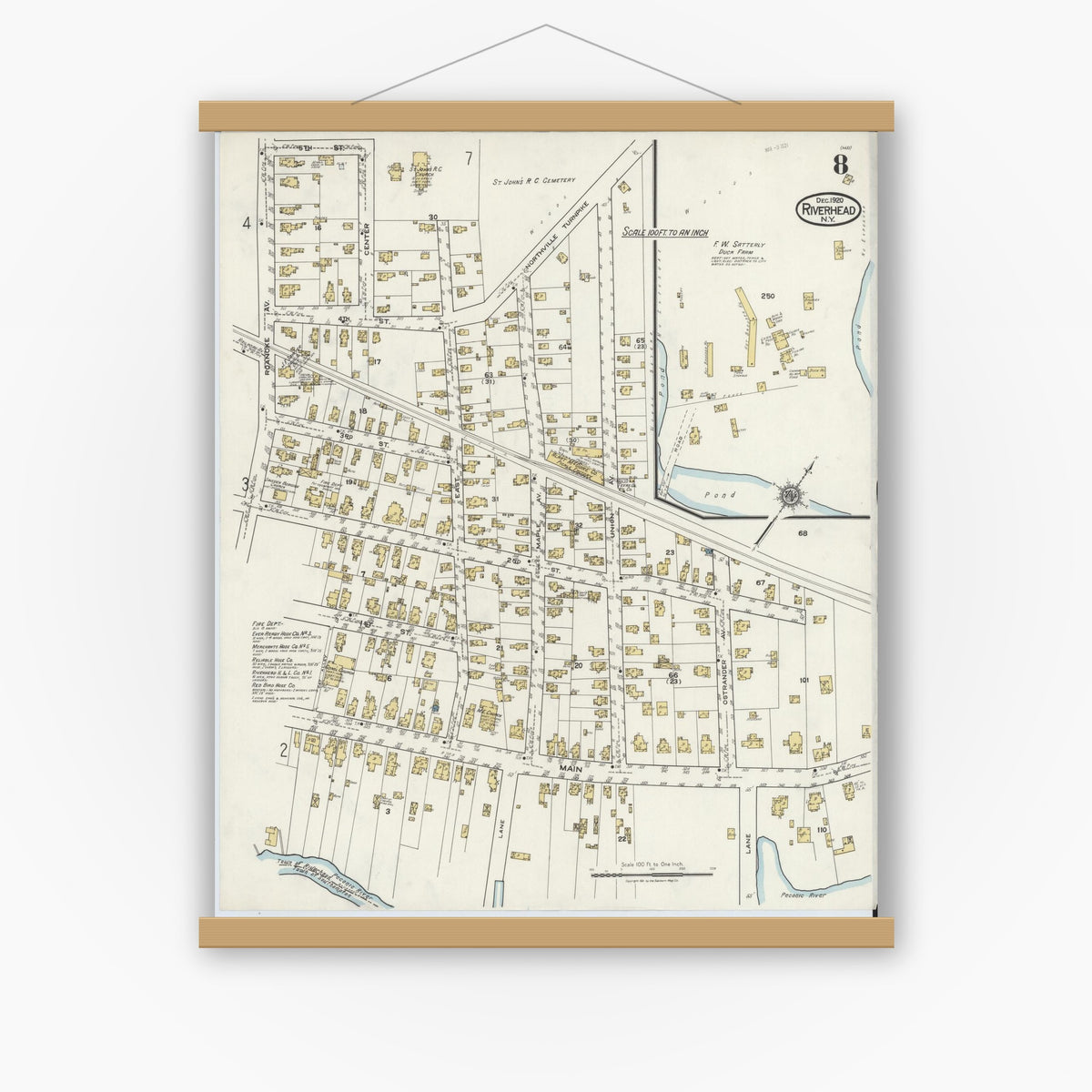 Old map wall art mockup — magnetic wood frame on white wall — Sanborn Fire Insurance Map from Riverhead, Suffolk County, New York (1920), Sheet #0008