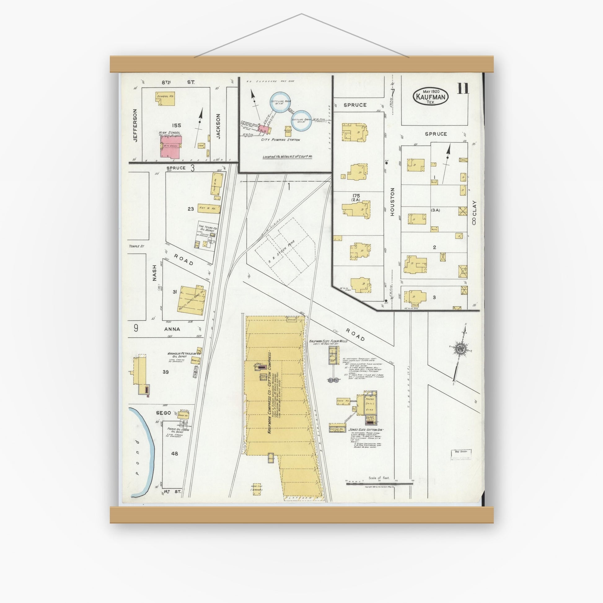 Old map wall art mockup — magnetic wood frame on white wall — Sanborn Fire Insurance Map from Kaufman, Kaufman County, Texas (1920), Sheet #0011