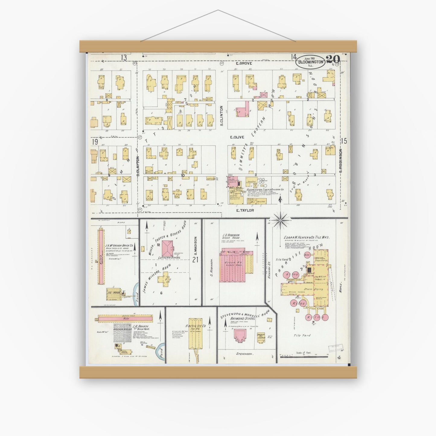 Old map wall art mockup — magnetic wood frame on white wall — Sanborn Fire Insurance Map from Bloomington, McLean County, Illinois (1901), Sheet #0020