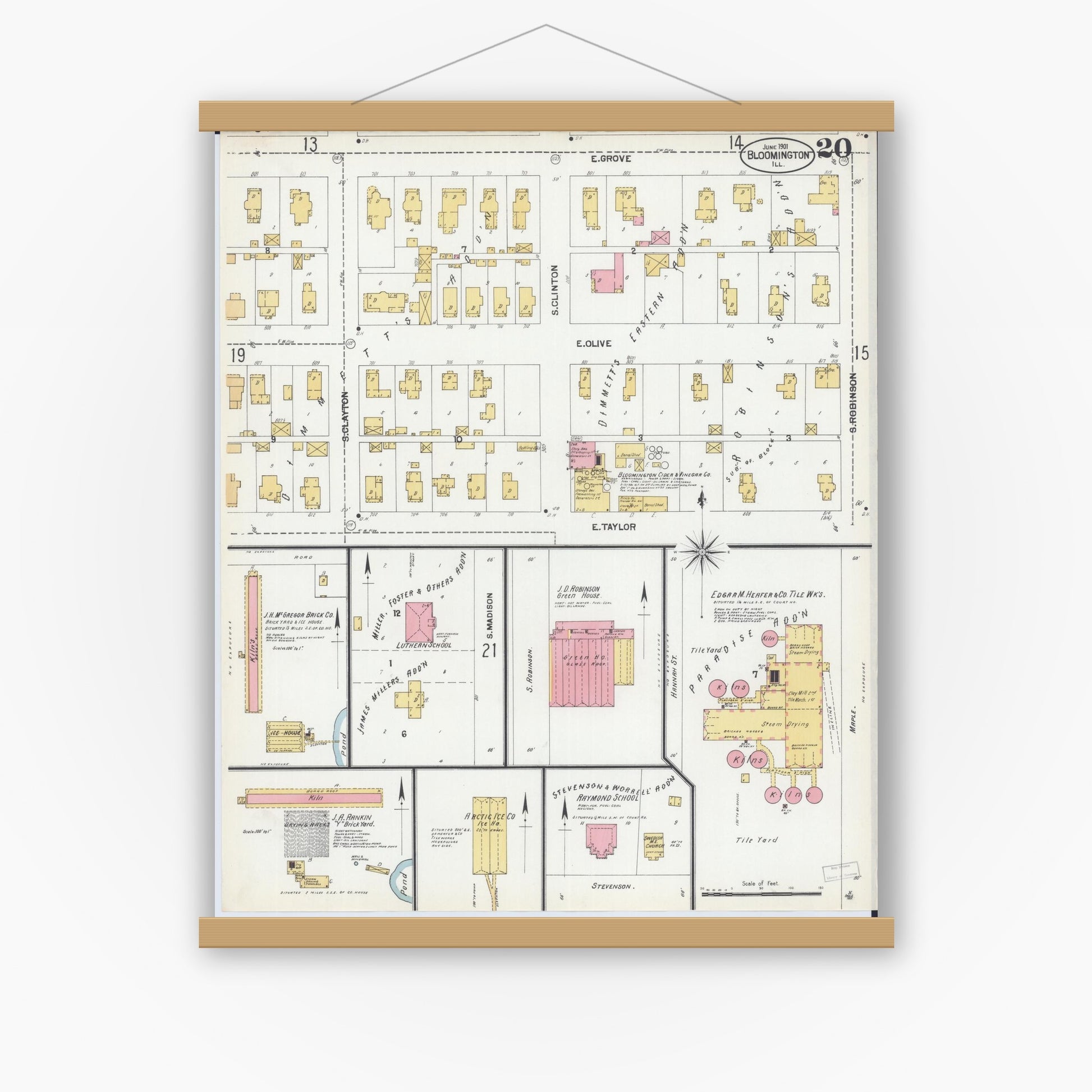 Old map wall art mockup — magnetic wood frame on white wall — Sanborn Fire Insurance Map from Bloomington, McLean County, Illinois (1901), Sheet #0020