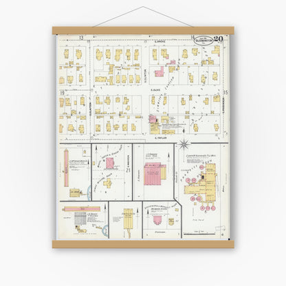 Old map wall art mockup — magnetic wood frame on white wall — Sanborn Fire Insurance Map from Bloomington, McLean County, Illinois (1901), Sheet #0020