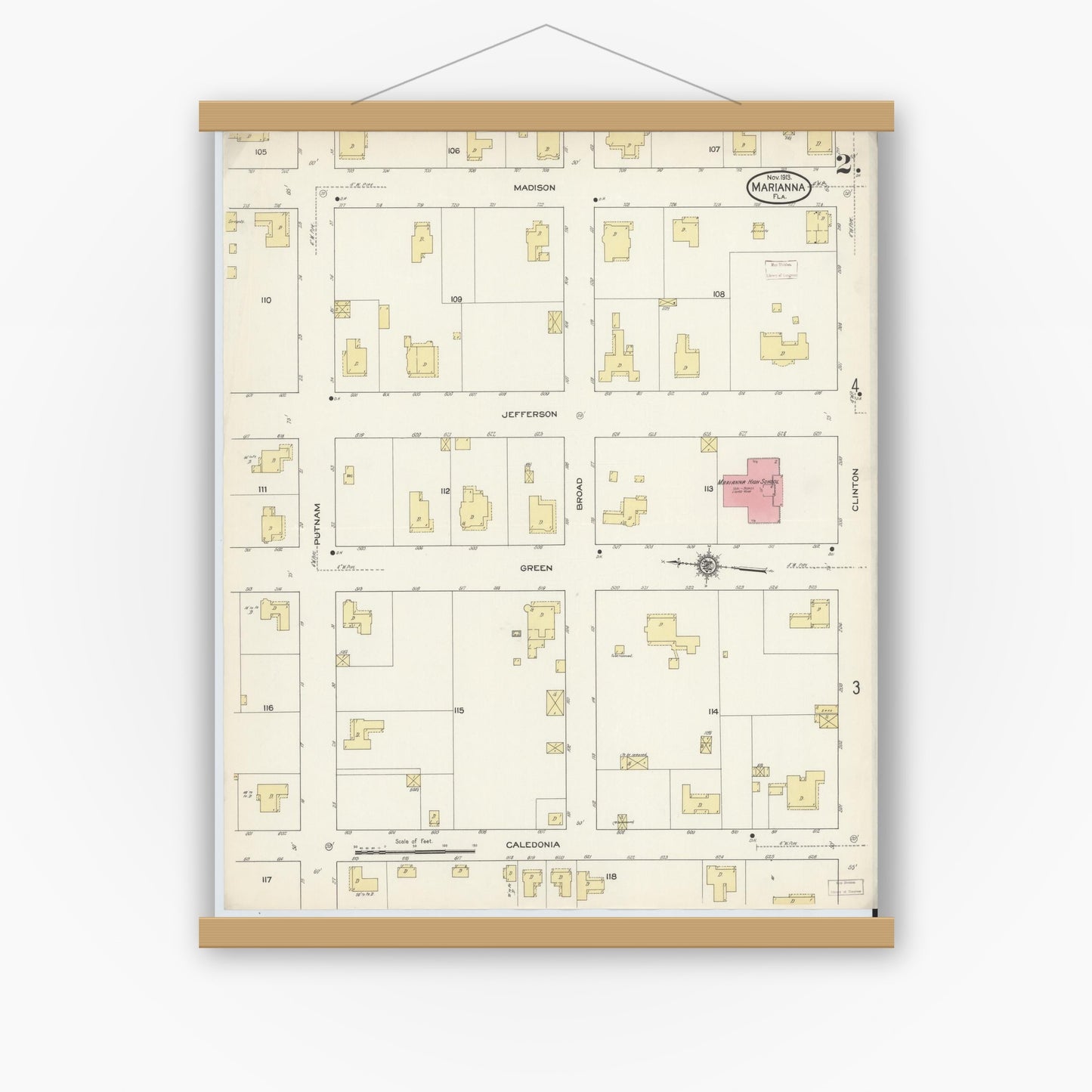 Old map wall art mockup — magnetic wood frame on white wall — Sanborn Fire Insurance Map from Marianna, Jackson County, Florida (1913), Sheet #0002