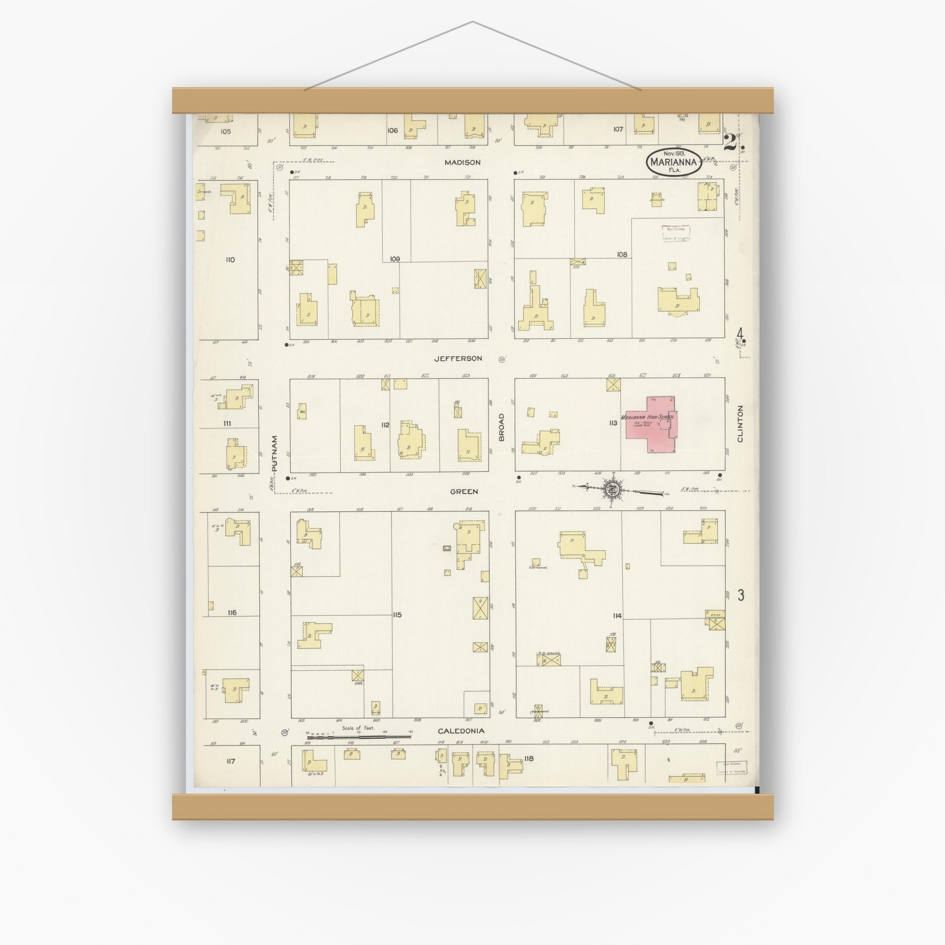 Old map wall art mockup — magnetic wood frame on white wall — Sanborn Fire Insurance Map from Marianna, Jackson County, Florida (1913), Sheet #0002