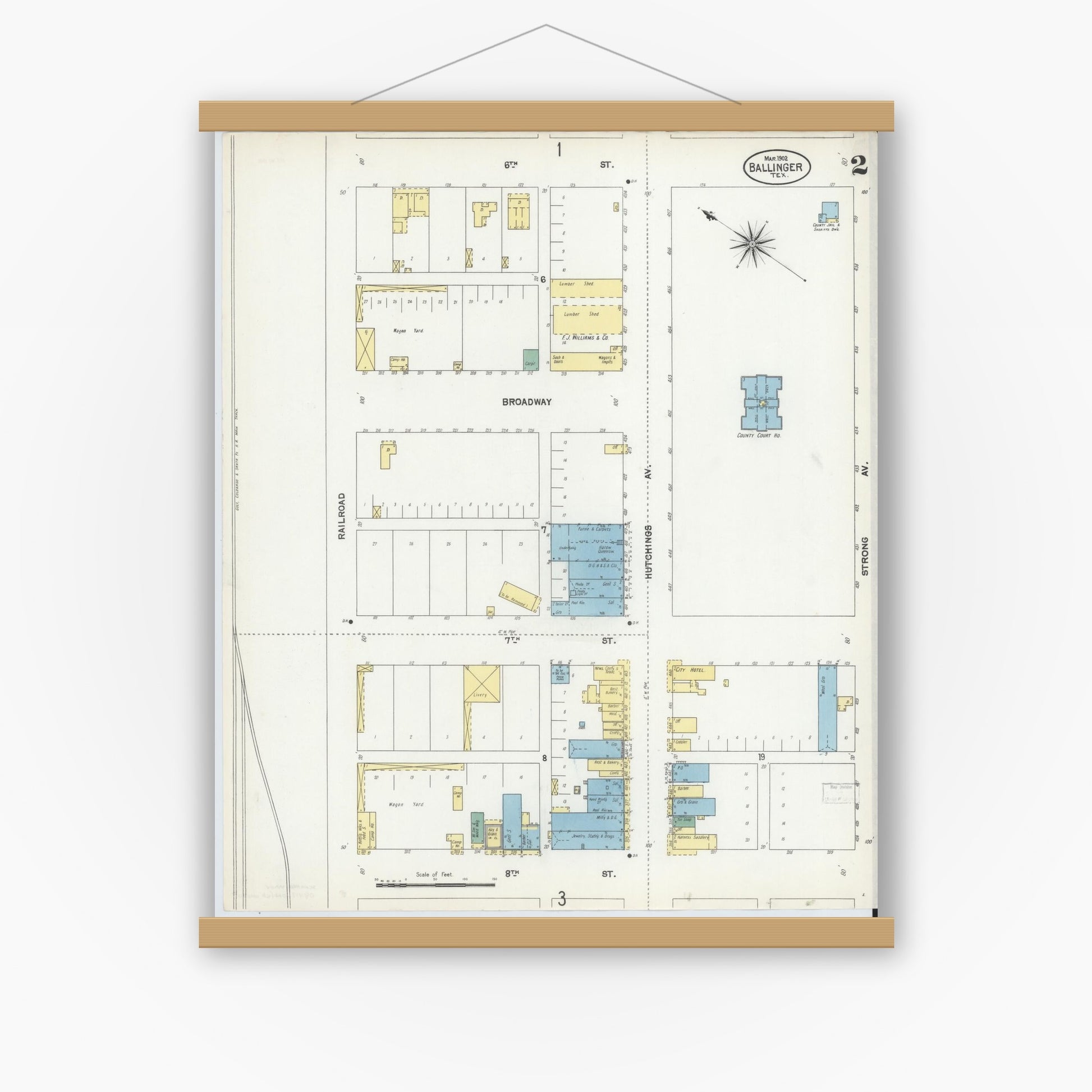 Old map wall art mockup — magnetic wood frame on white wall — Sanborn Fire Insurance Map from Ballinger, Runnels County, Texas (1902), Sheet #0002