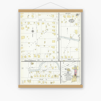 Old map wall art mockup — magnetic wood frame on white wall — Sanborn Fire Insurance Map from Denton, Denton County, Texas (1912), Sheet #0021