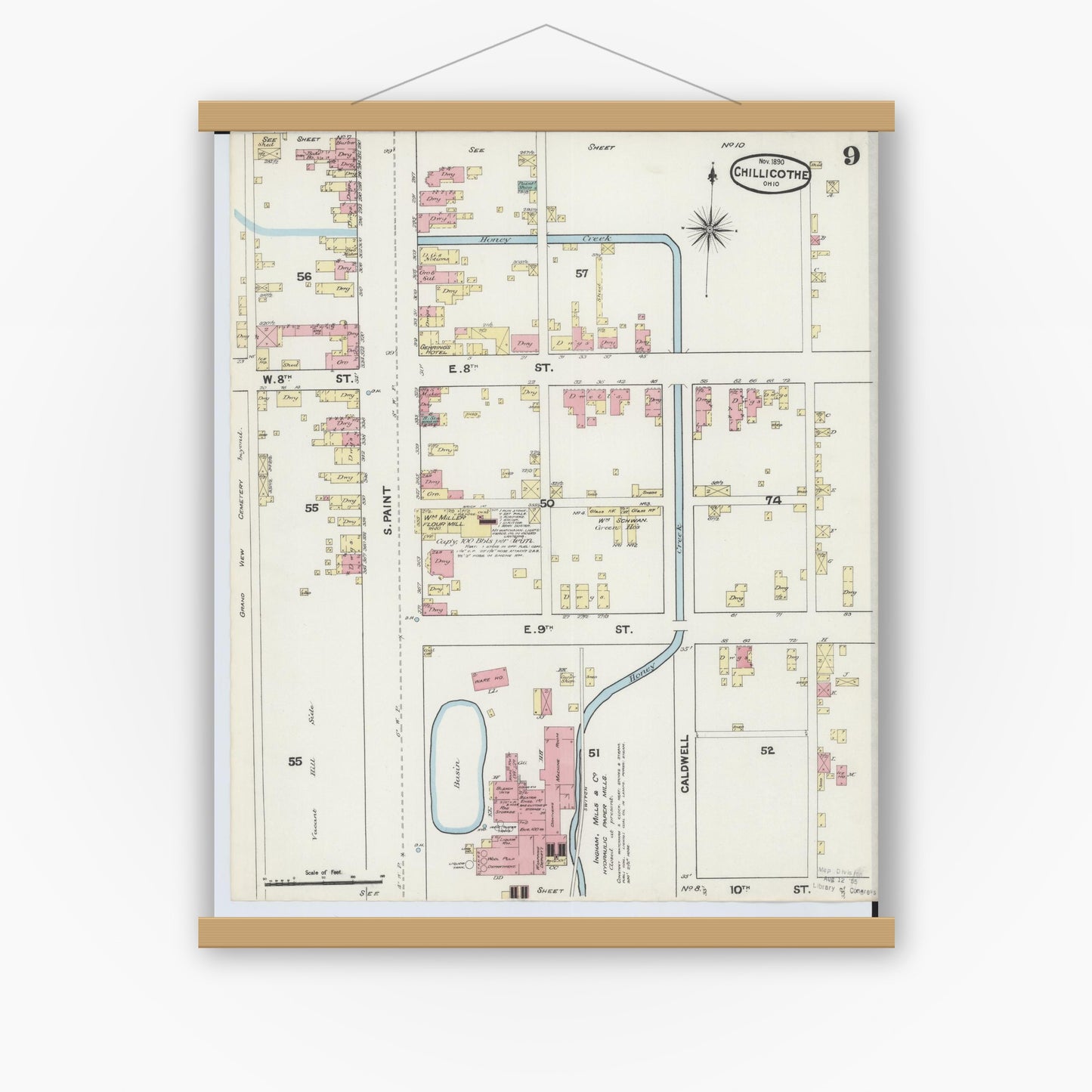 Old map wall art mockup — magnetic wood frame on white wall — Sanborn Fire Insurance Map from Chillicothe, Ross County, Ohio (1890), Sheet #0009