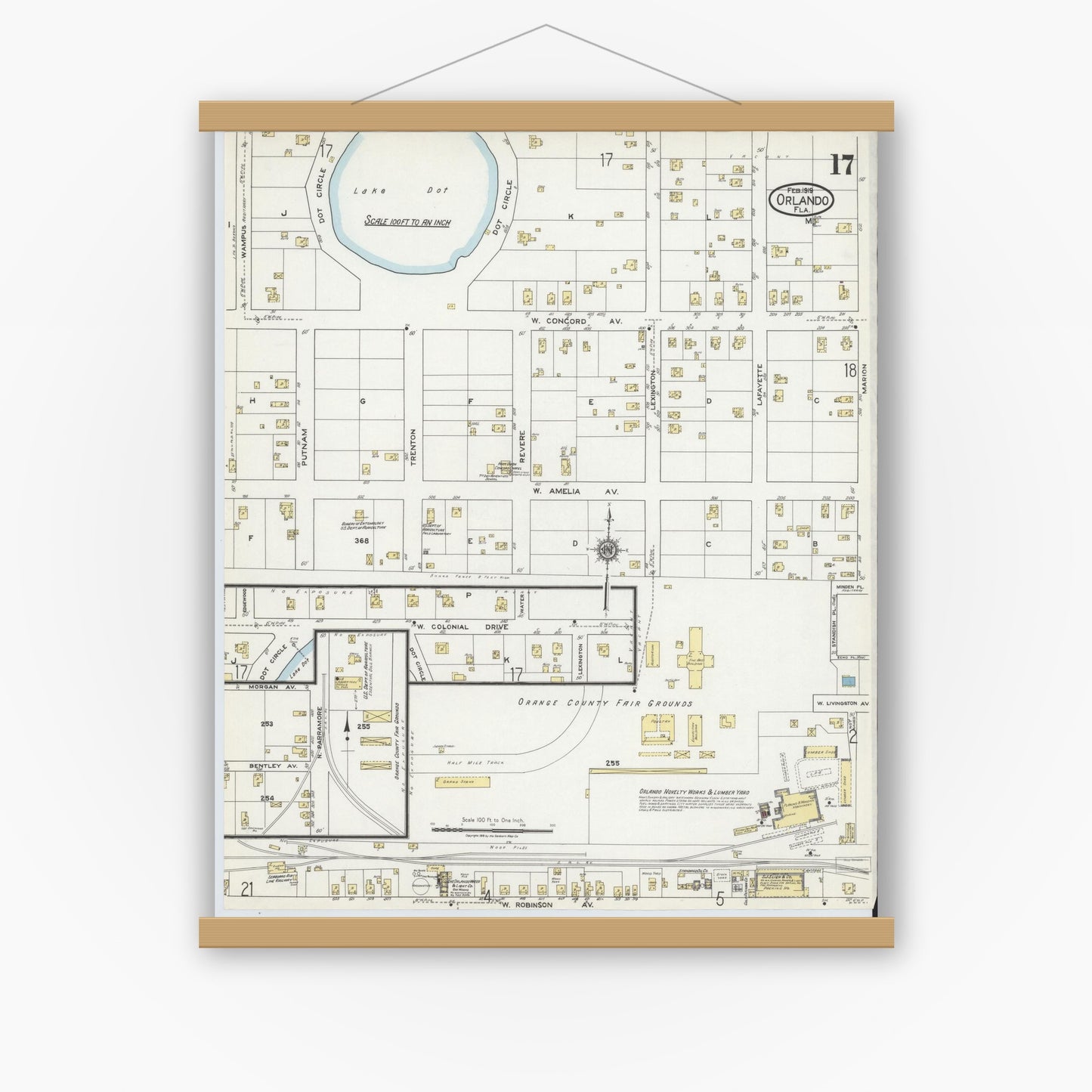 Old map wall art mockup — magnetic wood frame on white wall — Sanborn Fire Insurance Map from Orlando, Orange County, Florida (1919), Sheet #0017