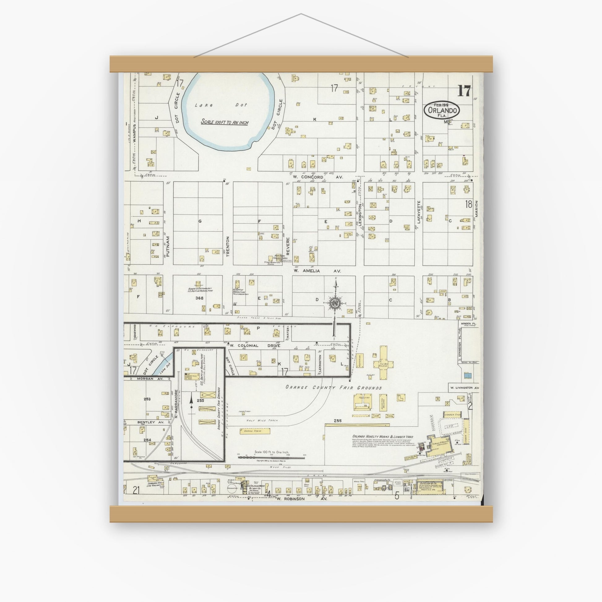 Old map wall art mockup — magnetic wood frame on white wall — Sanborn Fire Insurance Map from Orlando, Orange County, Florida (1919), Sheet #0017