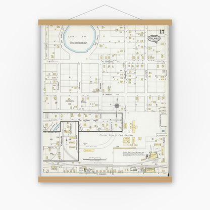 Old map wall art mockup — magnetic wood frame on white wall — Sanborn Fire Insurance Map from Orlando, Orange County, Florida (1919), Sheet #0017