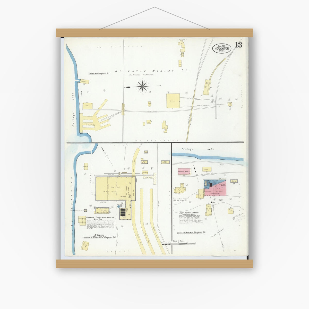 Old map wall art mockup — magnetic wood frame on white wall — Sanborn Fire Insurance Map from Houghton, Houghton County, Michigan (1908), Sheet #0013