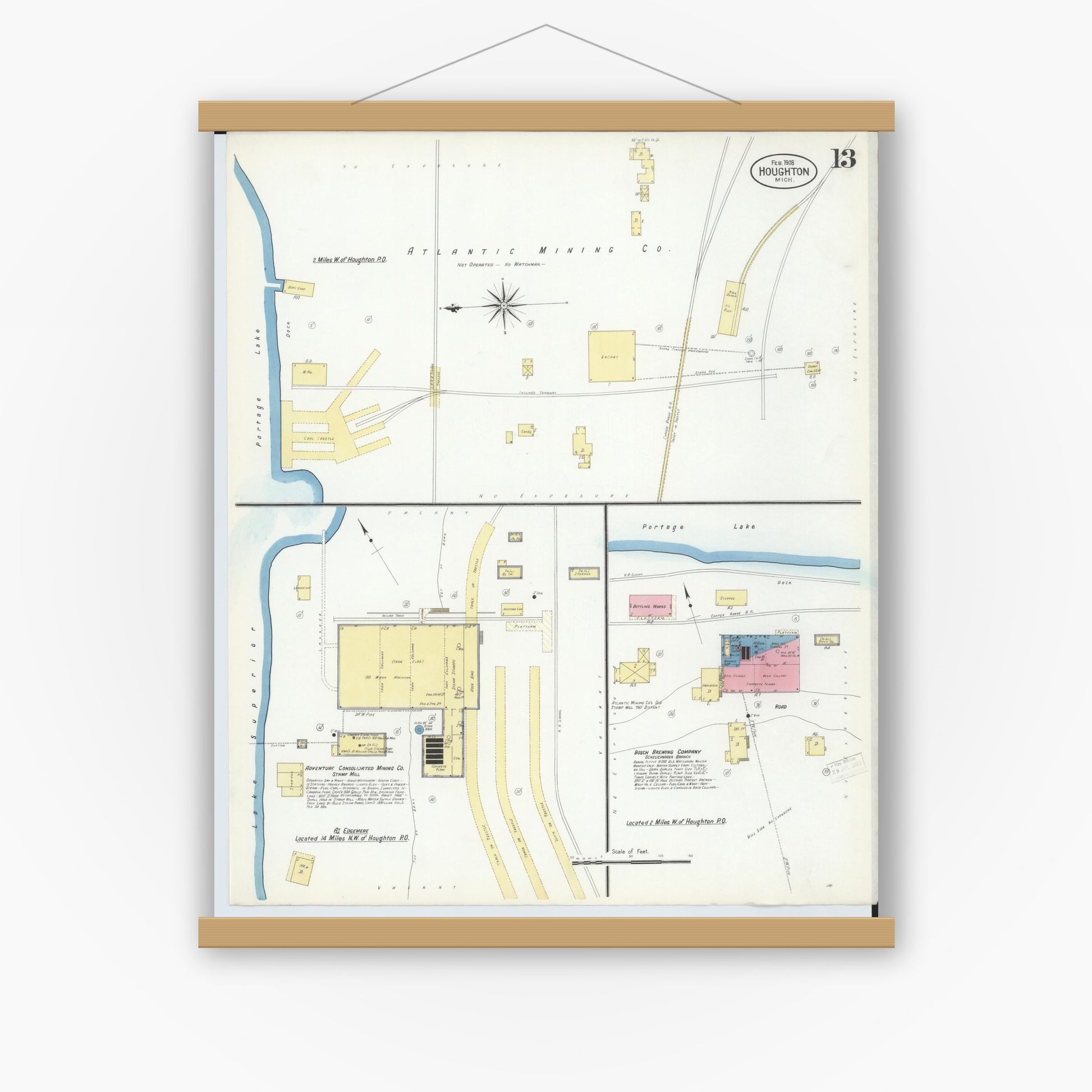 Old map wall art mockup — magnetic wood frame on white wall — Sanborn Fire Insurance Map from Houghton, Houghton County, Michigan (1908), Sheet #0013