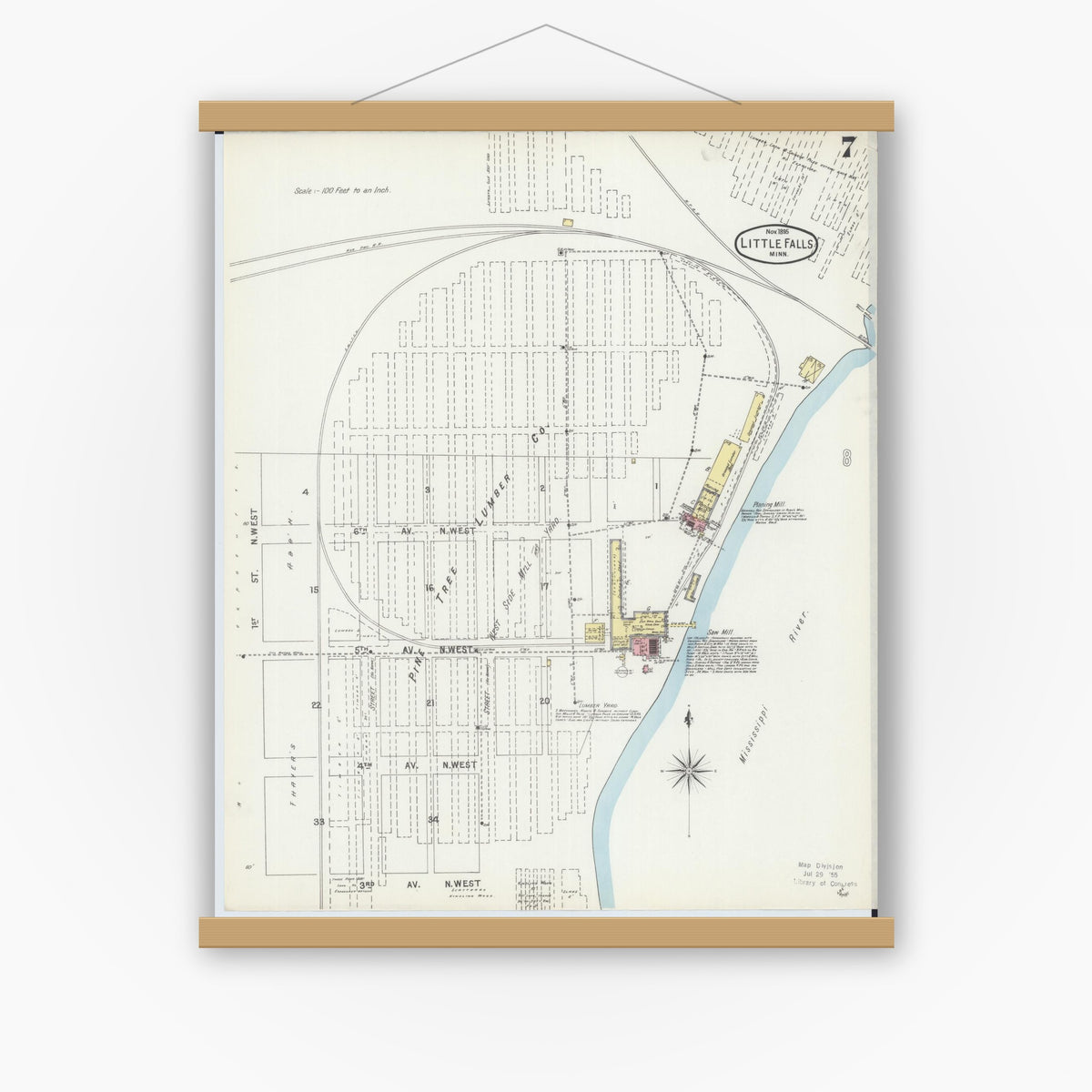 Old map wall art mockup — magnetic wood frame on white wall — Sanborn Fire Insurance Map from Little Falls, Morrison County, Minnesota (1895), Sheet #0007