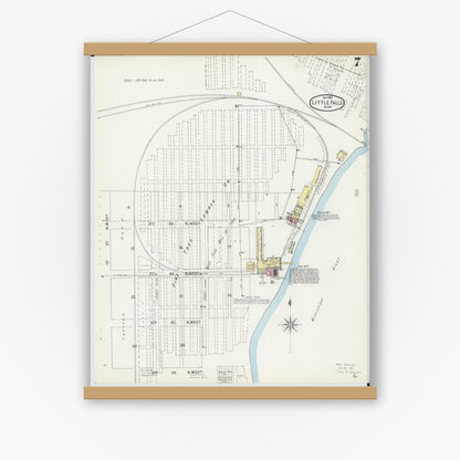 Old map wall art mockup — magnetic wood frame on white wall — Sanborn Fire Insurance Map from Little Falls, Morrison County, Minnesota (1895), Sheet #0007