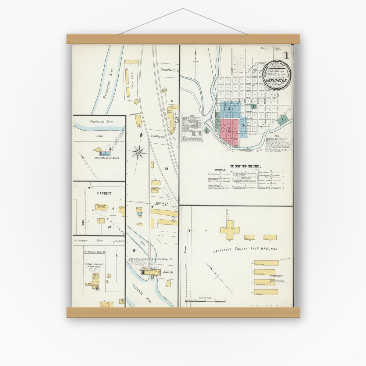 Old map wall art mockup — magnetic wood frame on white wall — Sanborn Fire Insurance Map from Darlington, Lafayette County, Wisconsin (1900) - Complete Map Set