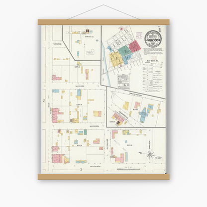 Old map wall art mockup — magnetic wood frame on white wall — Sanborn Fire Insurance Map from Eagle Pass, Maverick County, Texas (1905), Sheet #0001