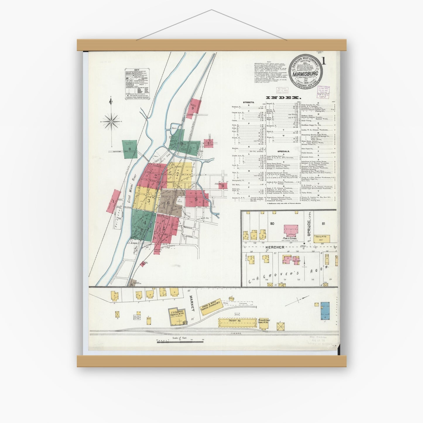 Old map wall art mockup — magnetic wood frame on white wall — Sanborn Fire Insurance Map from Miamisburg, Montgomery County, Ohio (1905), Sheet #0001