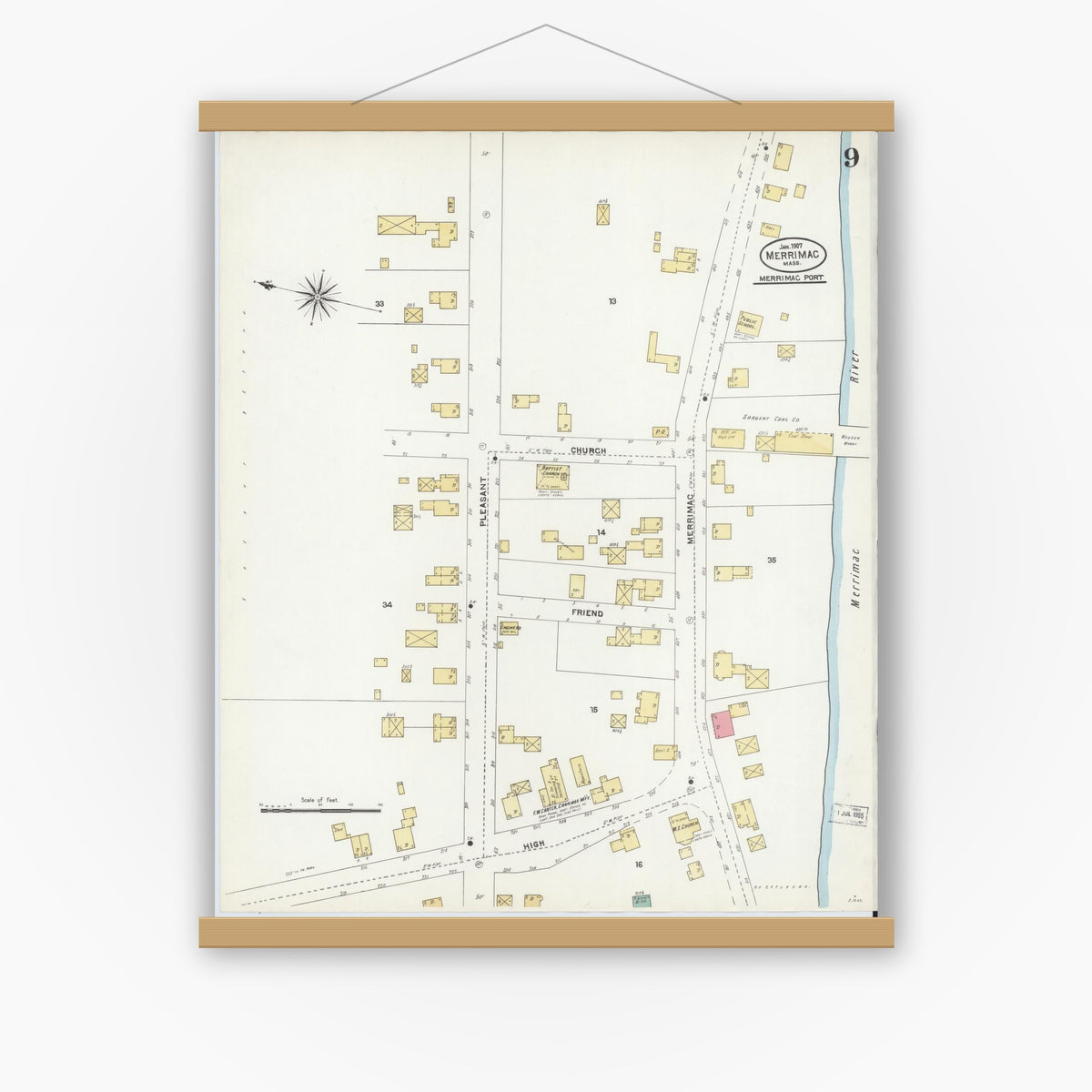 Old map wall art mockup — magnetic wood frame on white wall — Sanborn Fire Insurance Map from Merrimac, Essex County, Massachusetts (1907), Sheet #0009