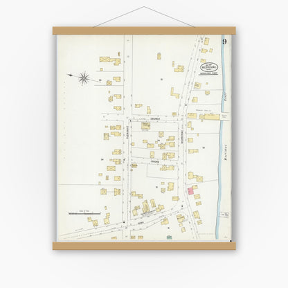Old map wall art mockup — magnetic wood frame on white wall — Sanborn Fire Insurance Map from Merrimac, Essex County, Massachusetts (1907), Sheet #0009