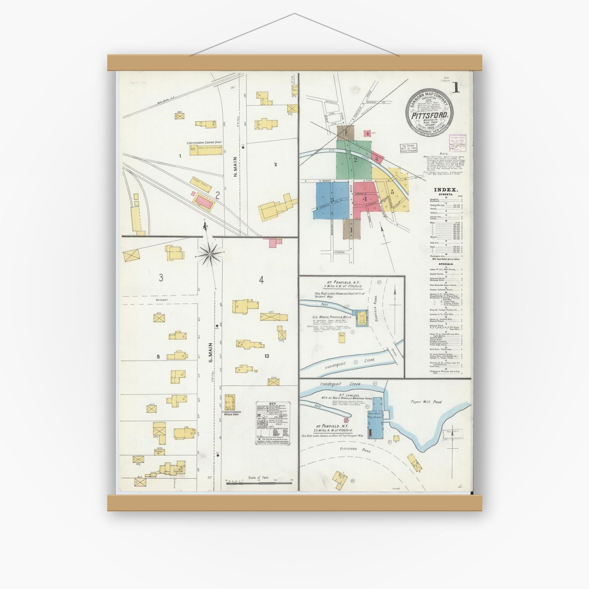 Old map wall art mockup — magnetic wood frame on white wall — Sanborn Fire Insurance Map from Pittsford, Monroe County, New York (1905) - Complete Map Set