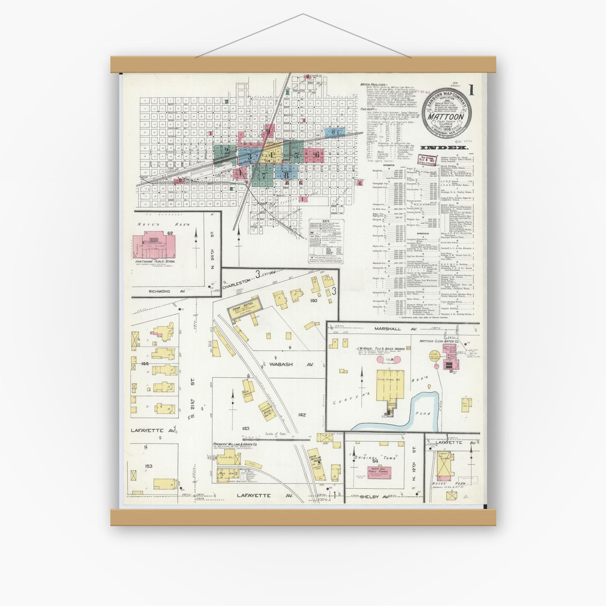 Old map wall art mockup — magnetic wood frame on white wall — Sanborn Fire Insurance Map from Mattoon, Coles County, Illinois (1909) - Complete Map Set