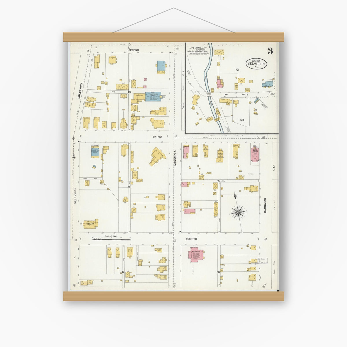 Old map wall art mockup — magnetic wood frame on white wall — Sanborn Fire Insurance Map from Belvidere, Warren County, New Jersey (1903), Sheet #0003