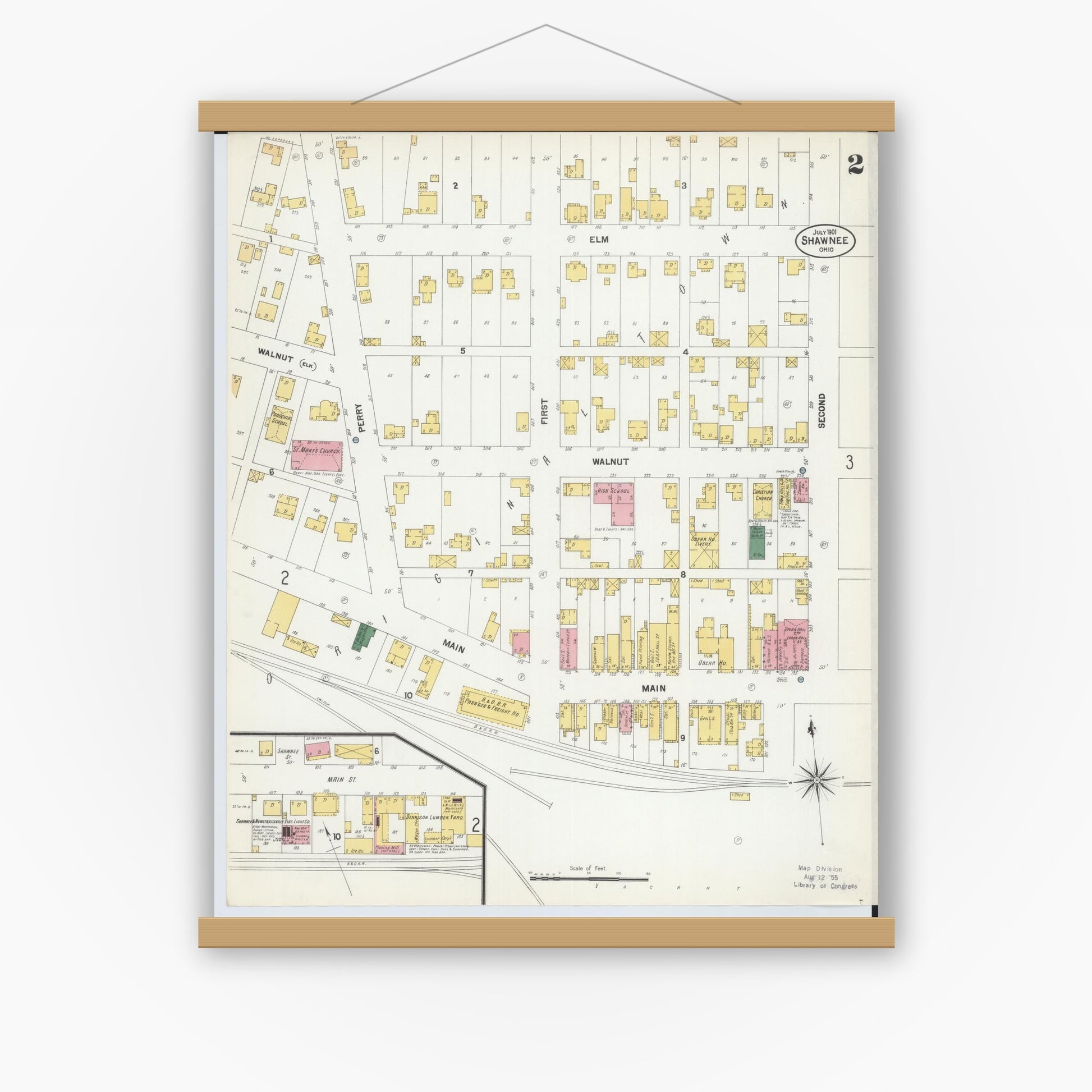 Old map wall art mockup — magnetic wood frame on white wall — Sanborn Fire Insurance Map from Shawnee, Perry County, Ohio (1901), Sheet #0002