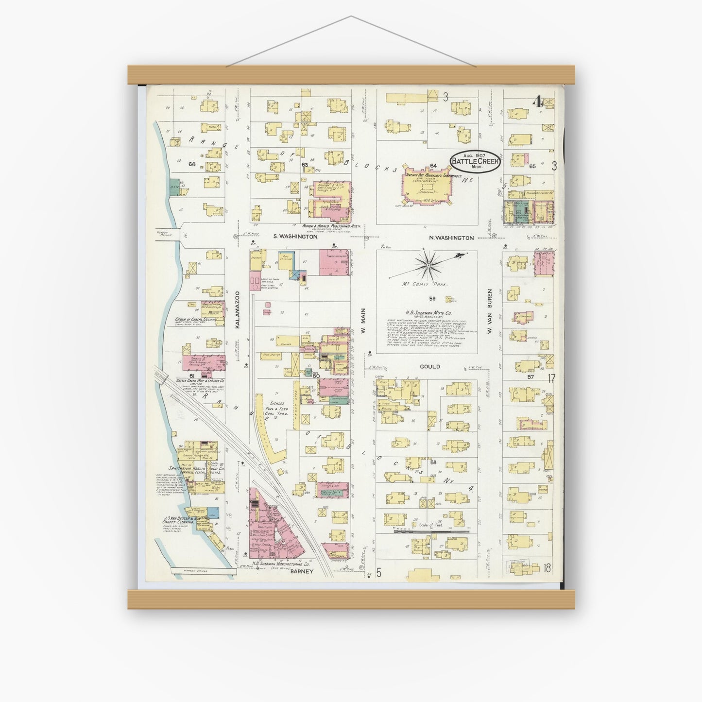 Old map wall art mockup — magnetic wood frame on white wall — Sanborn Fire Insurance Map from Battle Creek, Calhoun County, Michigan (1907), Sheet #0004