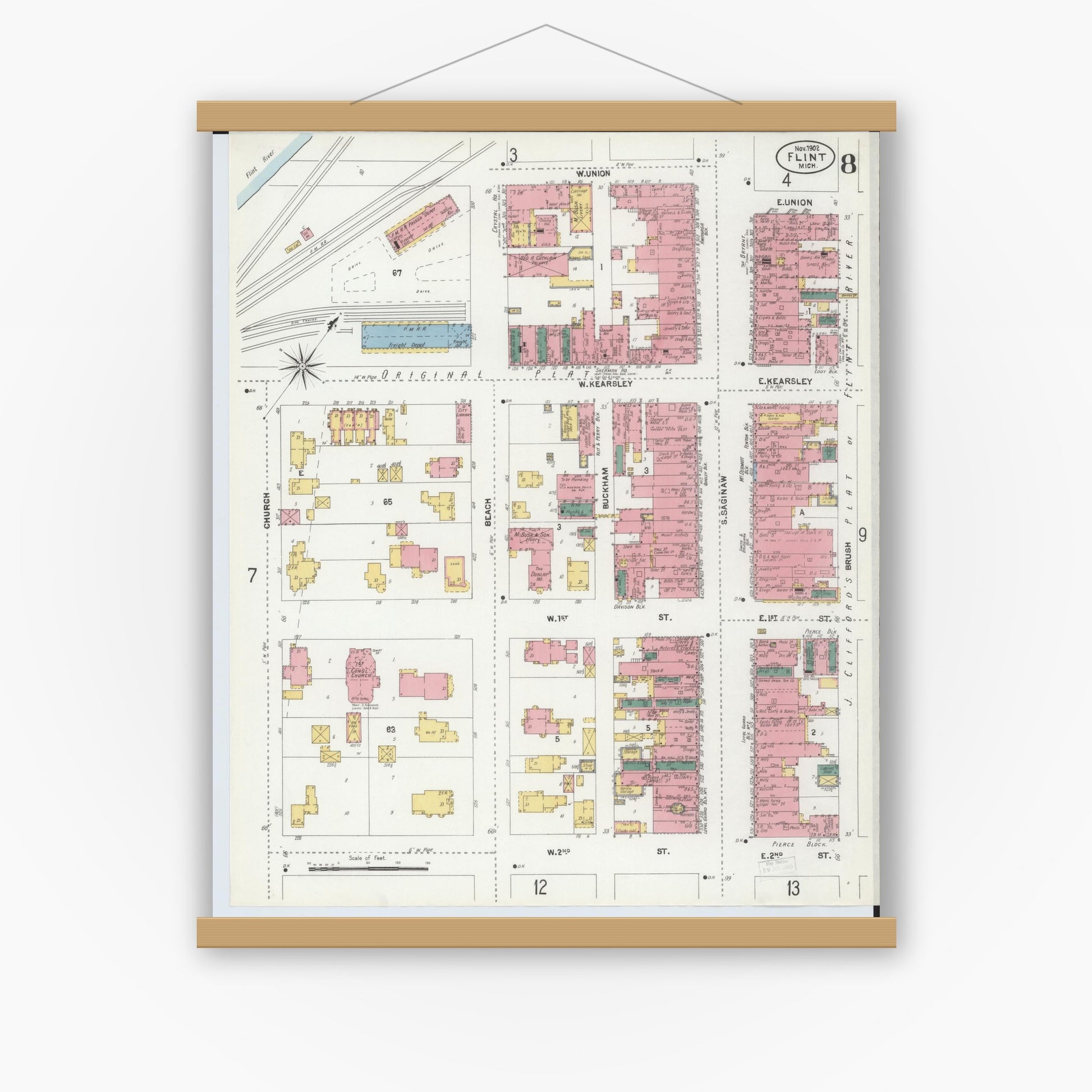 Old map wall art mockup — magnetic wood frame on white wall — Sanborn Fire Insurance Map from Flint, Genesee County, Michigan (1902), Sheet #0008