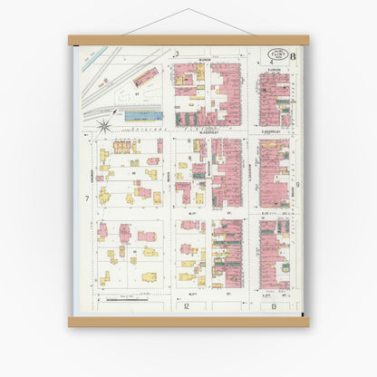 Old map wall art mockup — magnetic wood frame on white wall — Sanborn Fire Insurance Map from Flint, Genesee County, Michigan (1902), Sheet #0008