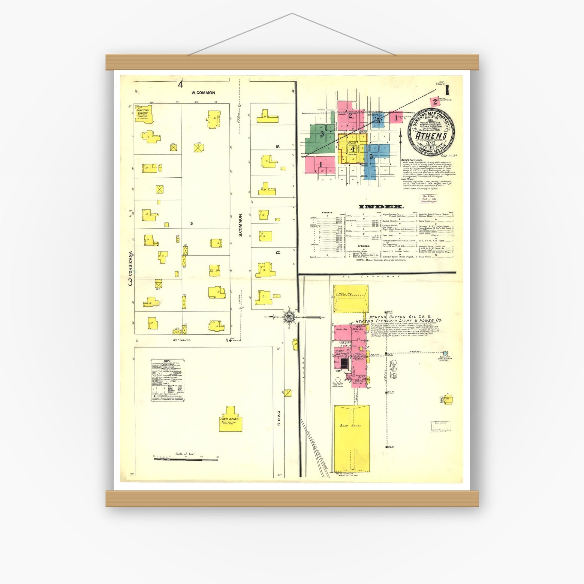 Old map wall art mockup — magnetic wood frame on white wall — Sanborn Fire Insurance Map from Athens, Henderson County, Texas (1912), Sheet #0001